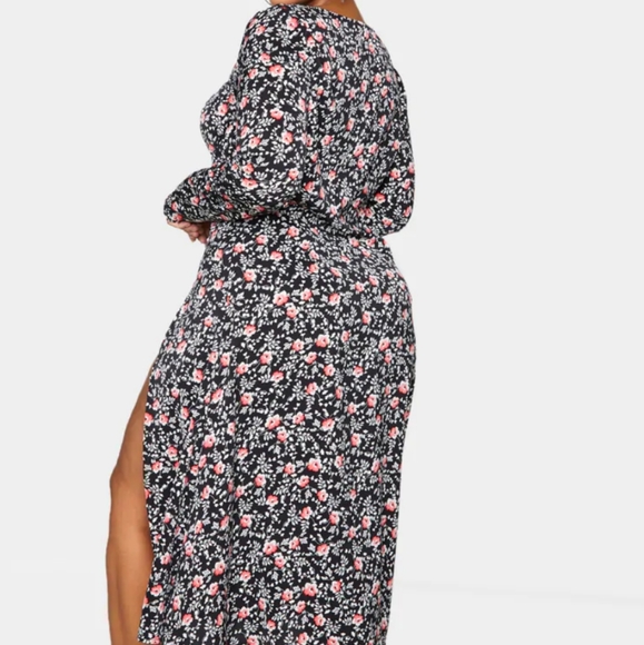 PrettyLittleThing Plus Black Floral Print Cupped Split Detail Midi Dress - Picture 4 of 14